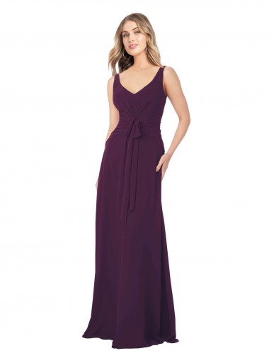 Vendeurs de Pourpre Trapèze Col V Mousseline Longue Robes demoiselle d'honneur
