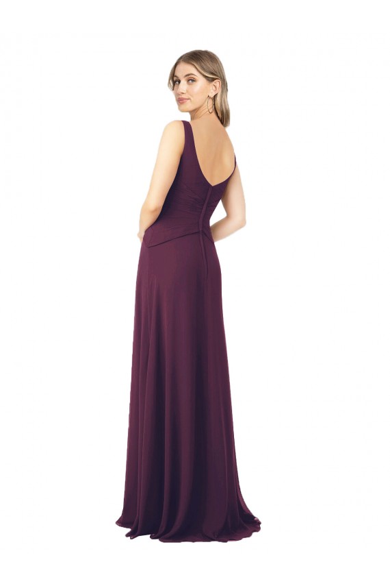 Vendeurs de Pourpre Trapèze Col V Mousseline Longue Robes demoiselle d'honneur