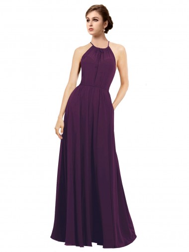 Vendeurs de Pourpre Trapèze Licou Mousseline Longue Robes demoiselle d'honneur