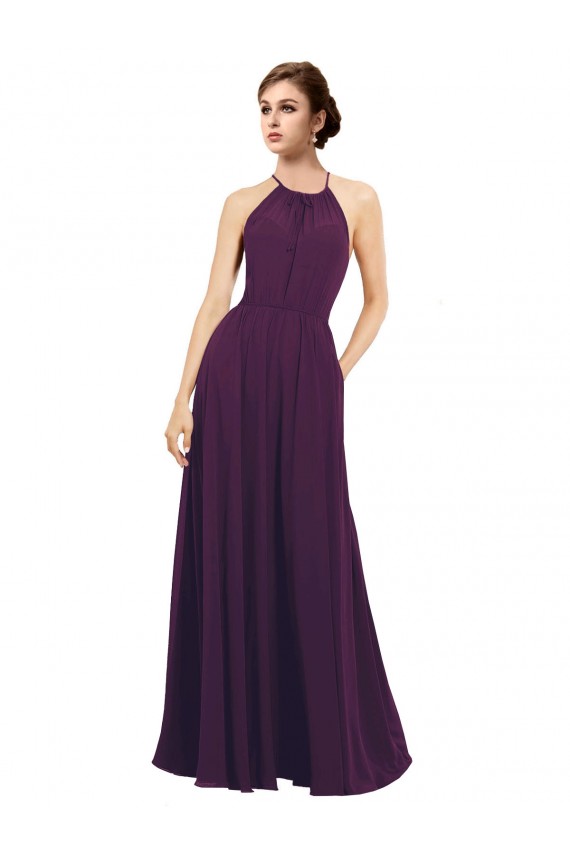 Vendeurs de Pourpre Trapèze Licou Mousseline Longue Robes demoiselle d'honneur