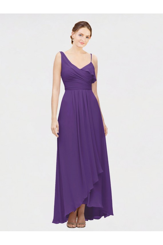 Vendeurs de Prune Trapèze Col V Mousseline Longue Asymétrique Robes demoiselle d'honneur