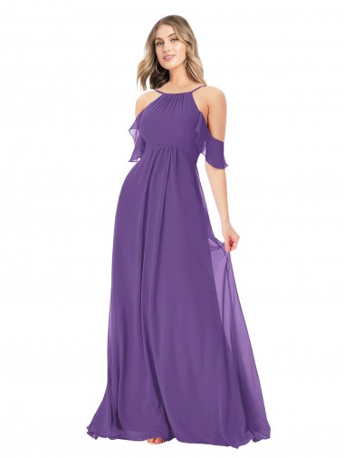Vendeurs de Prune Trapèze Épaule Dénudée Col Haut Mousseline Longue Robes demoiselle d'honneur