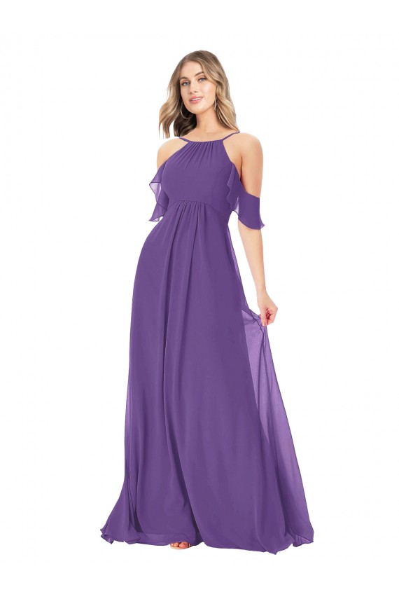 Vendeurs de Prune Trapèze Épaule Dénudée Col Haut Mousseline Longue Robes demoiselle d'honneur