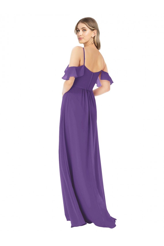 Vendeurs de Prune Trapèze Épaule Dénudée Col Haut Mousseline Longue Robes demoiselle d'honneur