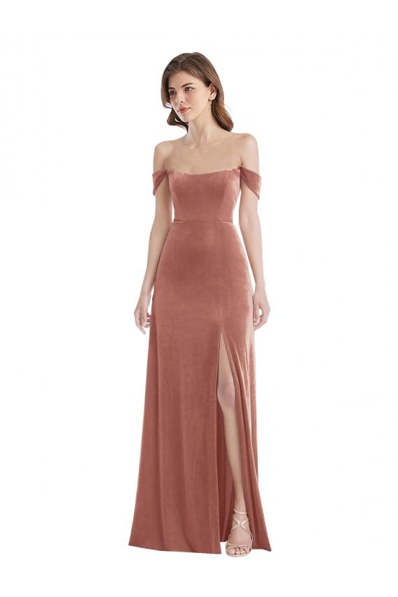Vendeurs de Rose Cannelle Trapèze Épaule Dénudée Velours Stretch Longue Robes demoiselle d'honneur / Robes de bal