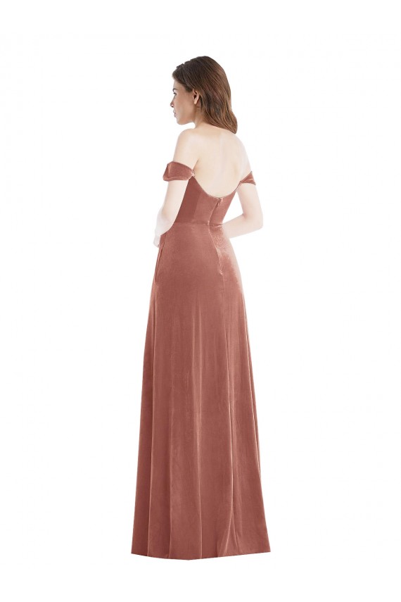 Vendeurs de Rose Cannelle Trapèze Épaule Dénudée Velours Stretch Longue Robes demoiselle d'honneur / Robes de bal