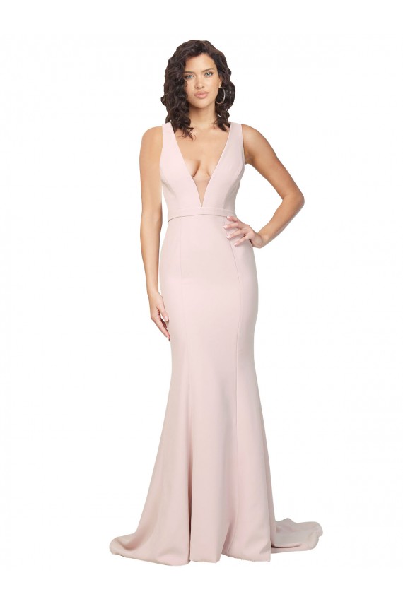 Vendeurs de Rose Fourreau Col V Balayage train Crêpe Stretch Longue Formelles Robes demoiselle d'honneur / Robes de soirée / Robes de bal