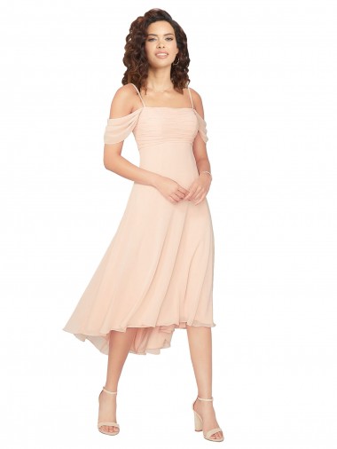 Vendeurs de Rose Glacé Trapèze Col Carré midi Mousseline Courte Asymétrique Robes demoiselle d'honneur