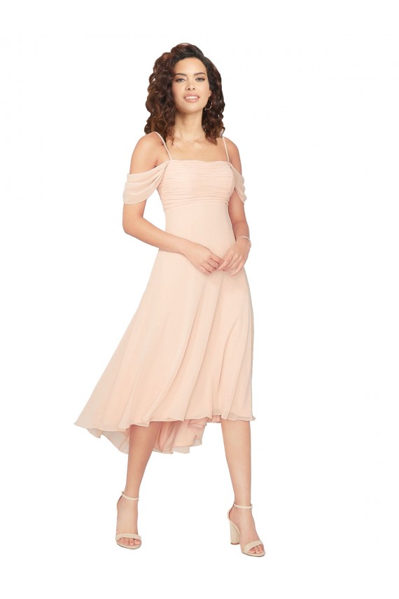 Vendeurs de Rose Glacé Trapèze Col Carré midi Mousseline Courte Asymétrique Robes demoiselle d'honneur