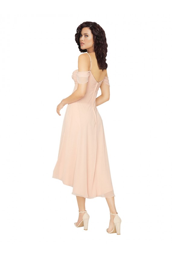 Vendeurs de Rose Glacé Trapèze Col Carré midi Mousseline Courte Asymétrique Robes demoiselle d'honneur