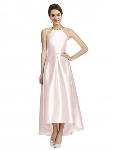 Vendeurs de Rose Trapèze Bretelles spaghetti Satiné Longue Asymétrique Robes demoiselle d'honneur