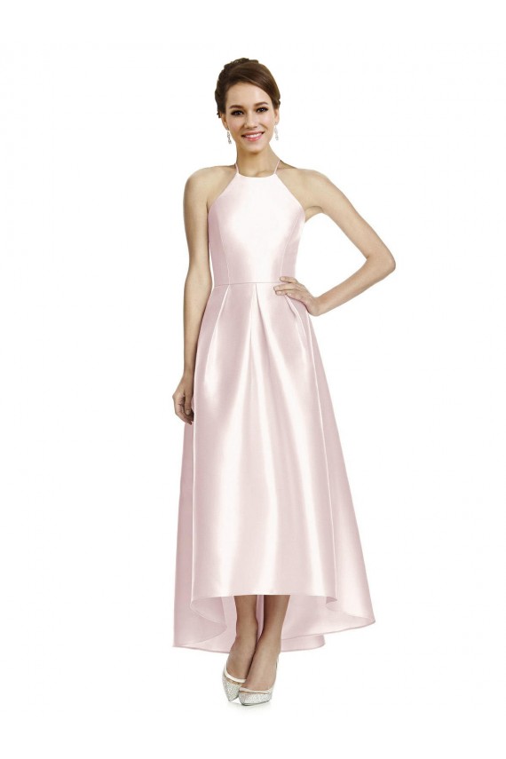 Vendeurs de Rose Trapèze Bretelles spaghetti Satiné Longue Asymétrique Robes demoiselle d'honneur
