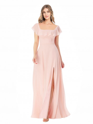 Vendeurs de Rose Trapèze Col Carré Mousseline Longue Robes demoiselle d'honneur