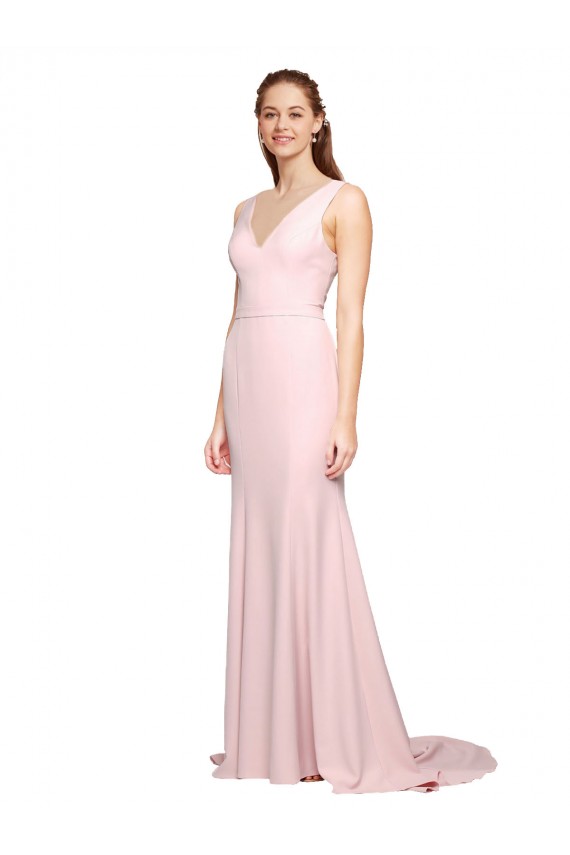 Vendeurs de Rose Trapèze Col V Balayage train Crêpe Stretch Longue Robes demoiselle d'honneur / Robes de bal