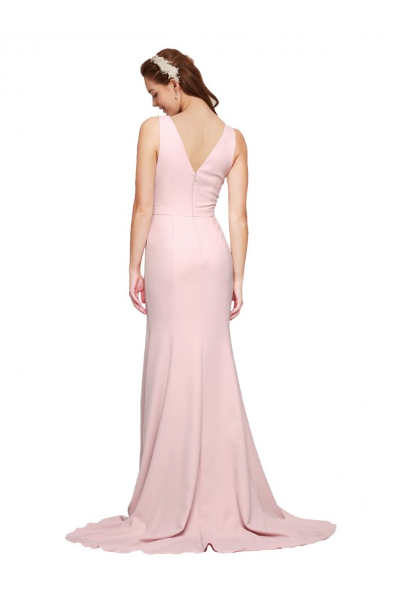 Vendeurs de Rose Trapèze Col V Balayage train Crêpe Stretch Longue Robes demoiselle d'honneur / Robes de bal