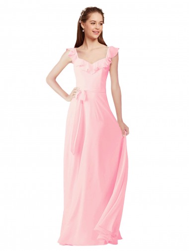 Vendeurs de Rose Trapèze Col V Mousseline Longue Robes demoiselle d'honneur