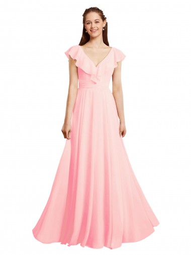 Vendeurs de Rose Trapèze Col V Mousseline Longue Robes demoiselle d'honneur