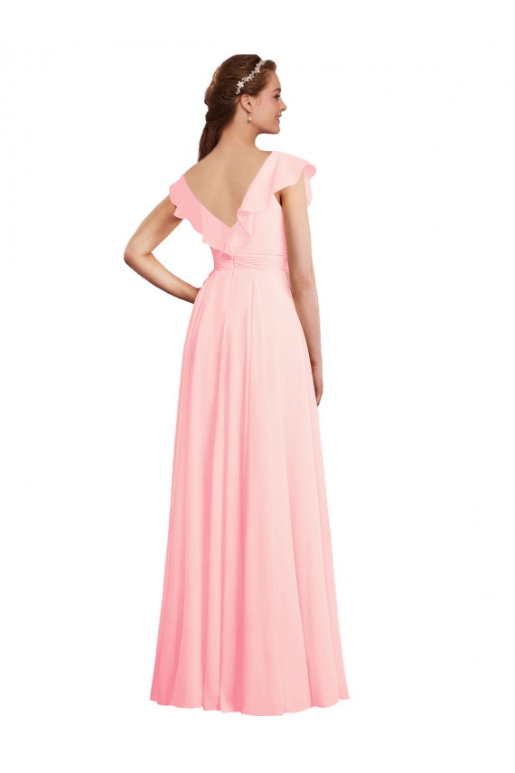Vendeurs de Rose Trapèze Col V Mousseline Longue Robes demoiselle d'honneur