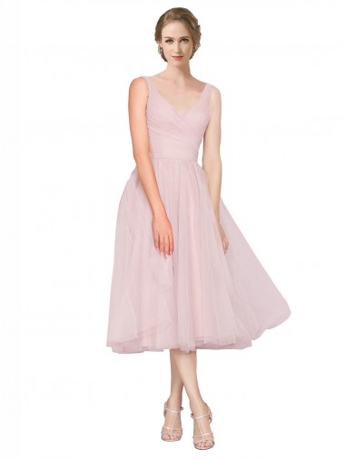 Vendeurs de Rose Trapèze Col V Tulle Courte Robes demoiselle d'honneur / Robes de cocktail