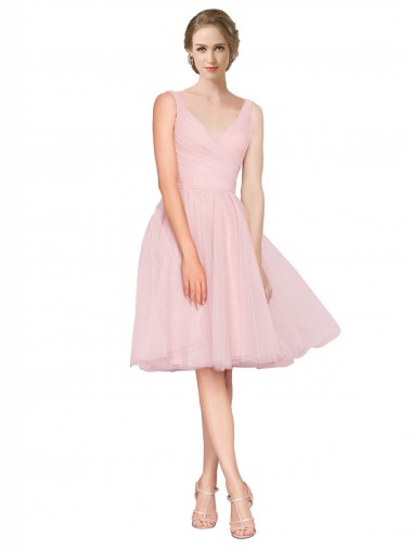 Vendeurs de Rose Trapèze Col V Tulle Courte Robes demoiselle d'honneur / Robes de cocktail