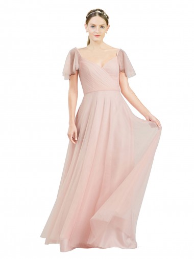 Vendeurs de Rose Trapèze Col V Tulle Longue Robes demoiselle d'honneur