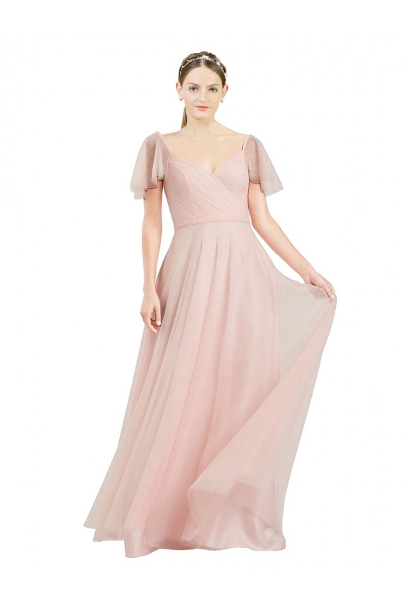 Vendeurs de Rose Trapèze Col V Tulle Longue Robes demoiselle d'honneur