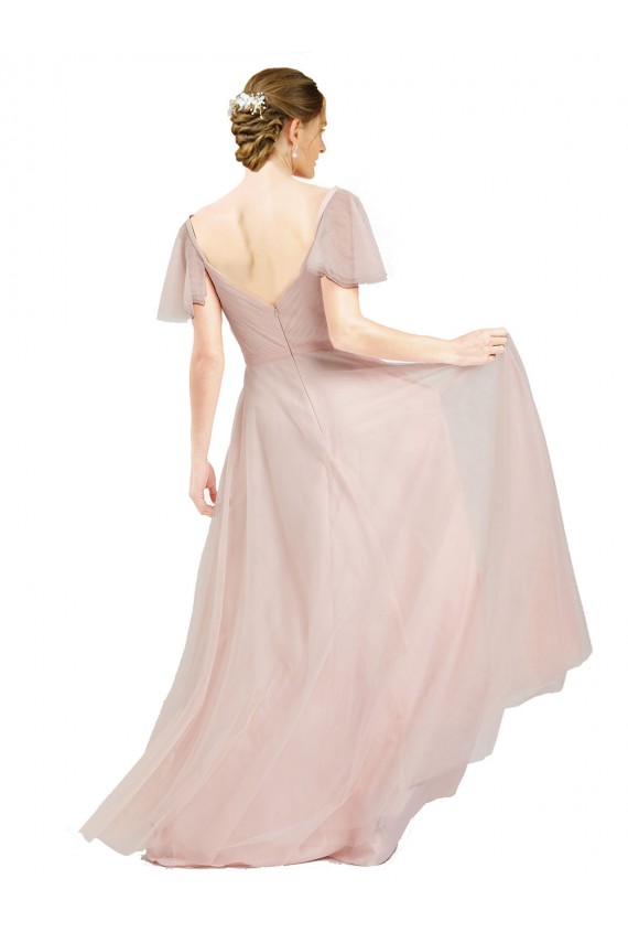 Vendeurs de Rose Trapèze Col V Tulle Longue Robes demoiselle d'honneur