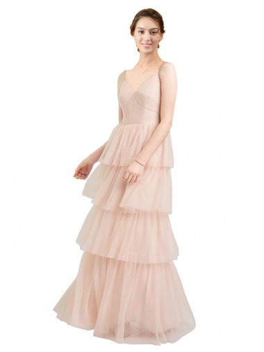 Vendeurs de Rose Trapèze Col V Tulle Longue Robes demoiselle d'honneur