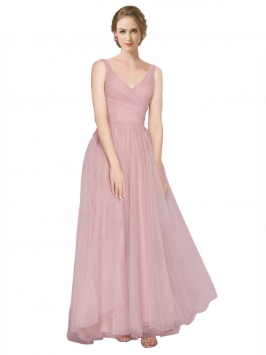 Vendeurs de Rose Trapèze Col V Tulle Longue Robes demoiselle d'honneur