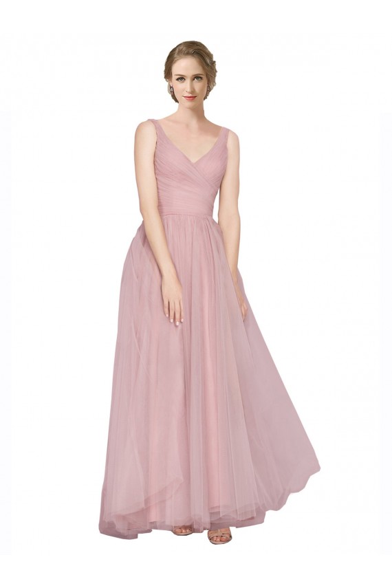 Vendeurs de Rose Trapèze Col V Tulle Longue Robes demoiselle d'honneur