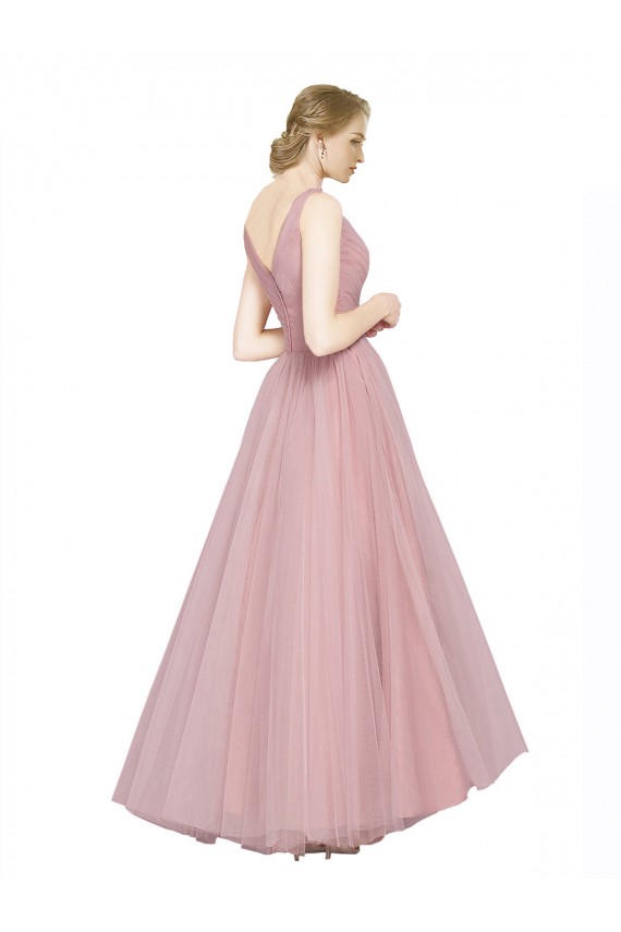 Vendeurs de Rose Trapèze Col V Tulle Longue Robes demoiselle d'honneur