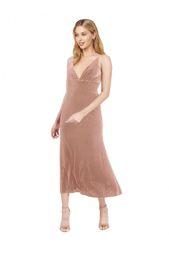Vendeurs de Rose Trapèze Col V midi Velours Stretch Courte Robes demoiselle d'honneur / Robes de bal / Robes de cocktail