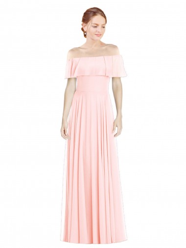 Vendeurs de Rose Trapèze Épaule Dénudée Col Carré Mousseline Longue Robes demoiselle d'honneur