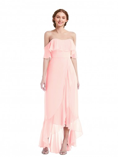 Vendeurs de Rose Trapèze Épaule Dénudée Mousseline Longue Asymétrique Robes demoiselle d'honneur