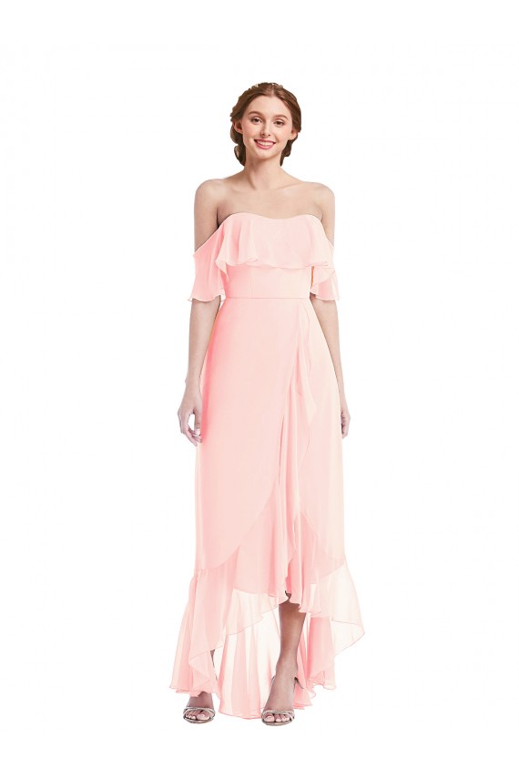 Vendeurs de Rose Trapèze Épaule Dénudée Mousseline Longue Asymétrique Robes demoiselle d'honneur