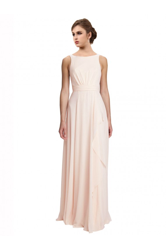 Vendeurs de Rose crème Trapèze Bateau Col Haut Mousseline Longue Robes demoiselle d'honneur