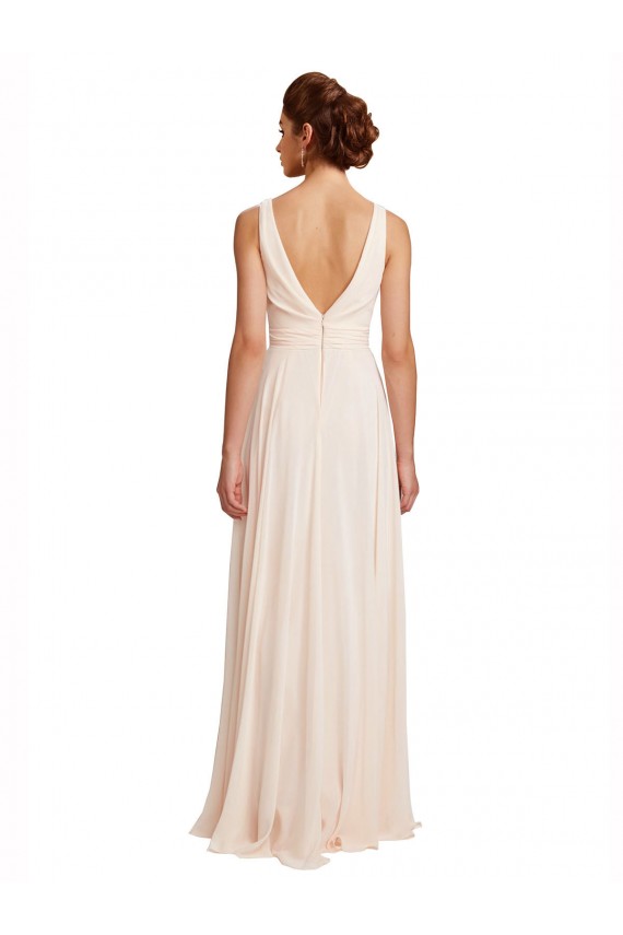 Vendeurs de Rose crème Trapèze Bateau Col Haut Mousseline Longue Robes demoiselle d'honneur