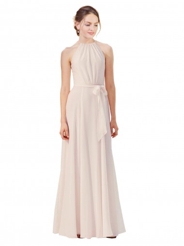 Vendeurs de Rose crème Trapèze Bateau Col Haut Mousseline Longue Robes demoiselle d'honneur
