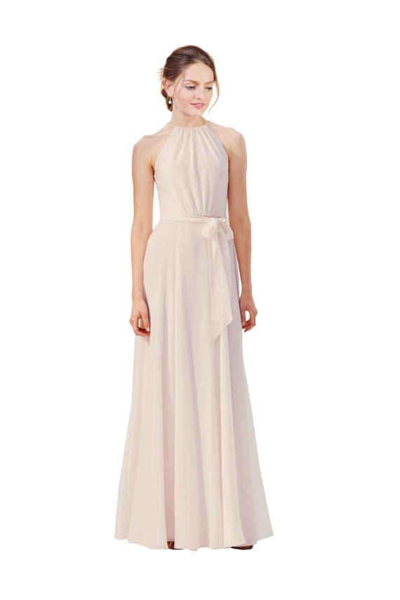 Vendeurs de Rose crème Trapèze Bateau Col Haut Mousseline Longue Robes demoiselle d'honneur