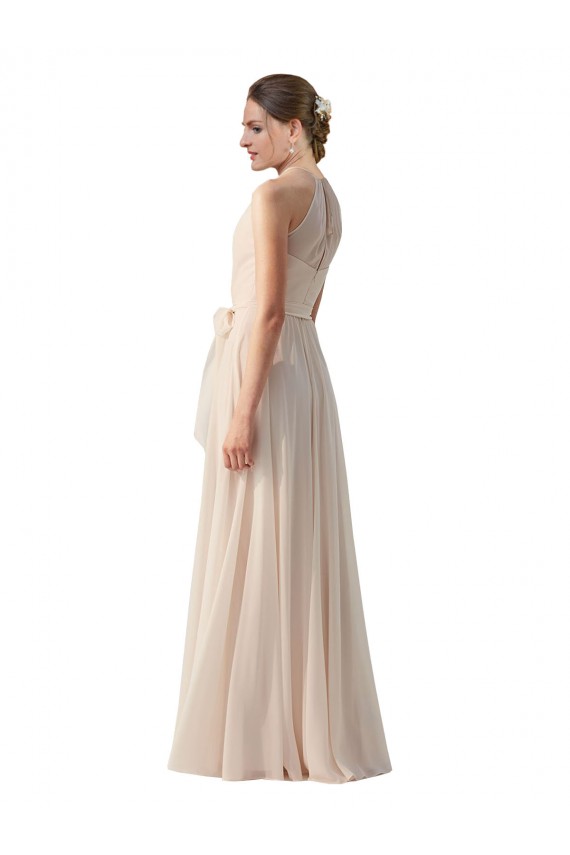 Vendeurs de Rose crème Trapèze Bateau Col Haut Mousseline Longue Robes demoiselle d'honneur
