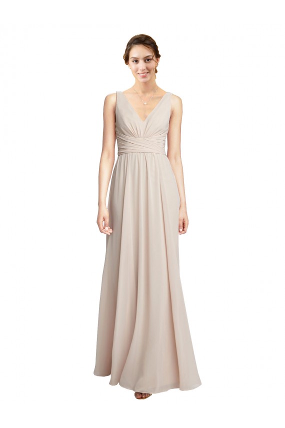Vendeurs de Rose crème Trapèze Col V Mousseline Longue Robes demoiselle d'honneur