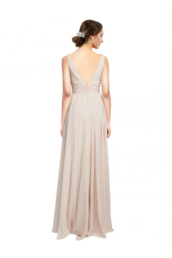 Vendeurs de Rose crème Trapèze Col V Mousseline Longue Robes demoiselle d'honneur