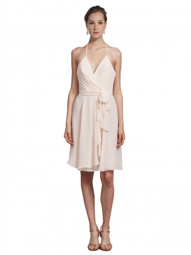 Vendeurs de Rose crème Trapèze Licou Col V Mousseline Courte Robes demoiselle d'honneur / Robes de cocktail
