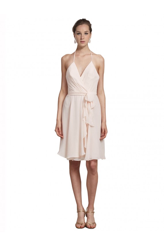 Vendeurs de Rose crème Trapèze Licou Col V Mousseline Courte Robes demoiselle d'honneur / Robes de cocktail