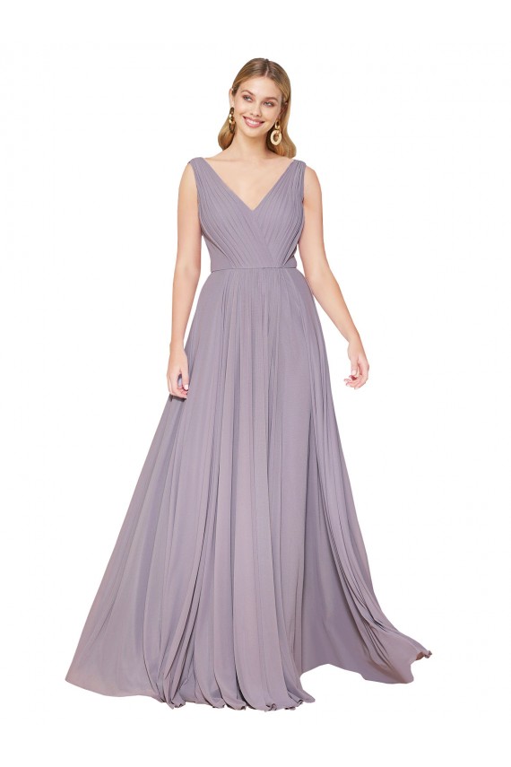 Vendeurs de Rose poudré Trapèze Col V Mousseline Longue Formelles Robes demoiselle d'honneur / Robes de soirée / Robes de bal
