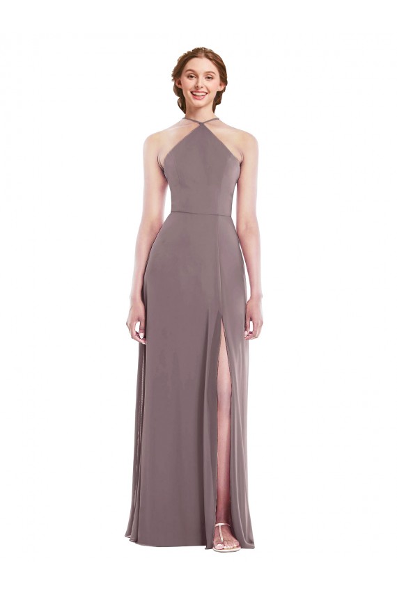 Vendeurs de Rose poudré Trapèze Licou Mousseline Longue Formelles Robes demoiselle d'honneur / Robes de soirée