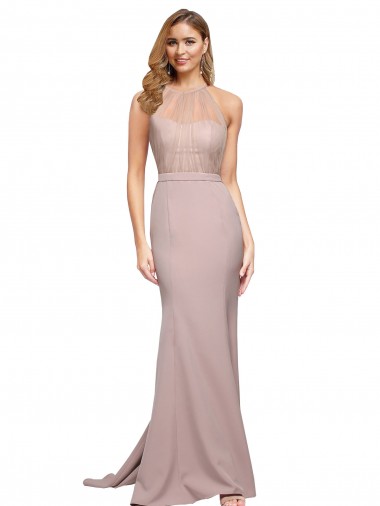 Vendeurs de Rose poussiéreux Fourreau Col Haut Balayage train Crêpe Stretch Longue Formelles Robes demoiselle d'honneur / Robes de soirée / Robes de bal