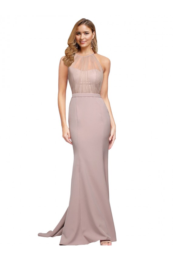 Vendeurs de Rose poussiéreux Fourreau Col Haut Balayage train Crêpe Stretch Longue Formelles Robes demoiselle d'honneur / Robes de soirée / Robes de bal