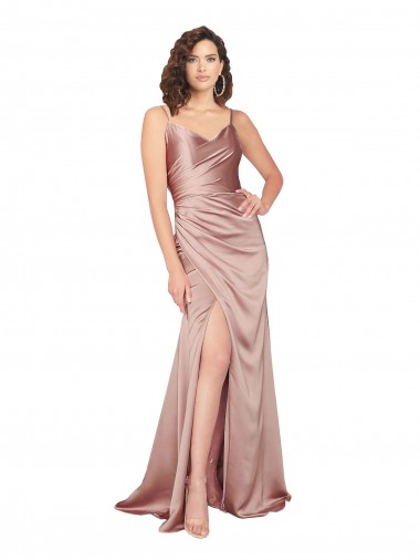 Vendeurs de Rose poussiéreux Fourreau Col V Satiné Soyeux Longue Formelles Robes demoiselle d'honneur / Robes de soirée / Robes de bal