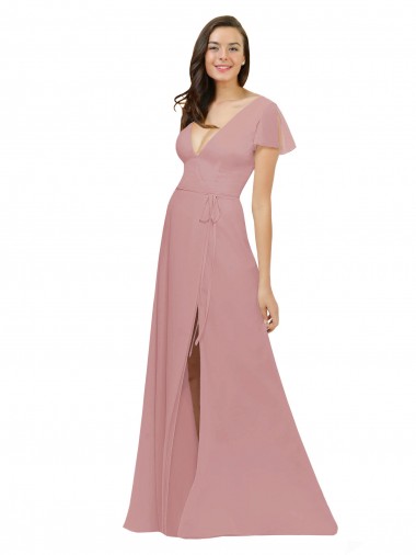 Vendeurs de Rose poussiéreux Trapèze Col V Mousseline Longue Robes demoiselle d'honneur